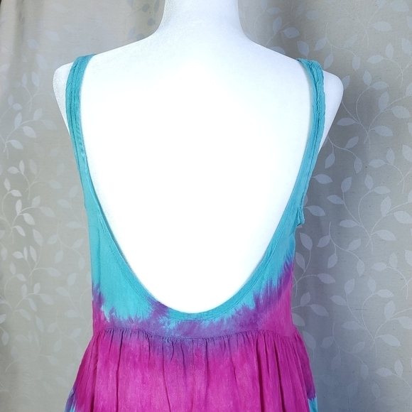 Blu Moon Revolve Tie Dye Mini Dress XS Teal Magenta Rayon Boho Festival - Picture 11 of 14